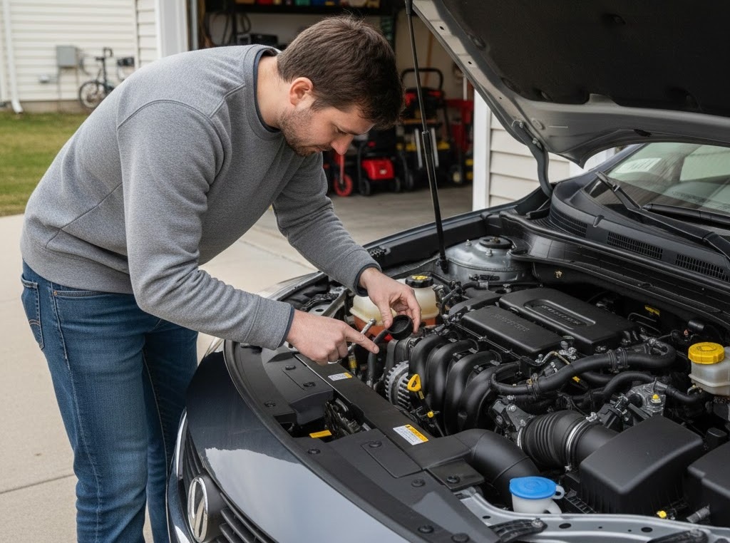 Vehicle owner checking brake fluid level in the reservoir in their driveway