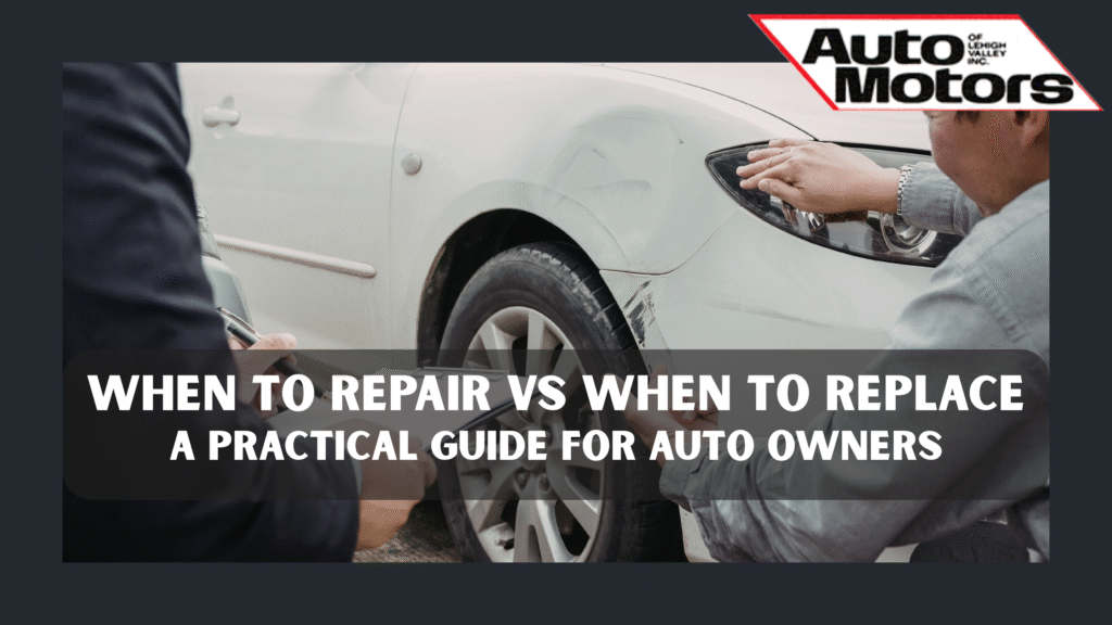 When to Repair vs. When to Replace: A Practical Guide for Auto Owners. A mechanic and a car owner assess the damage done to the side of a vehicle.