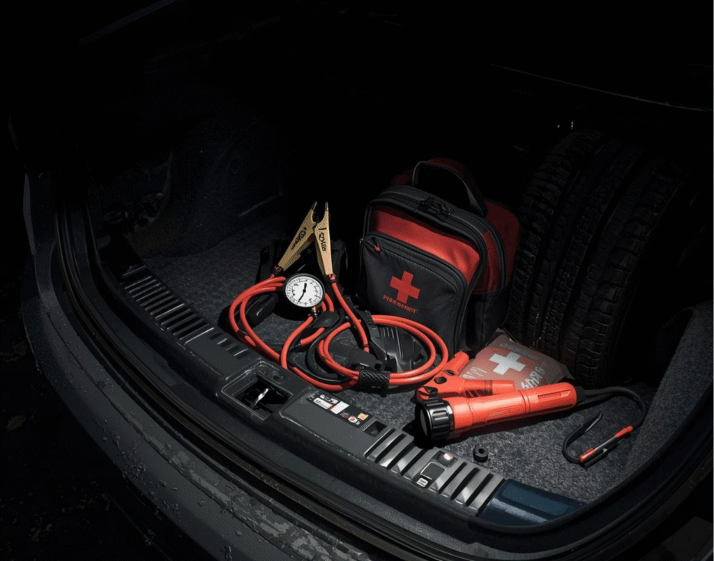 Emergency kit stored in the trunk of a vehicle, containing a spare tire, flashlight, jumper cables, tire pressure gauge, portable jump starter, and a first aid kit.